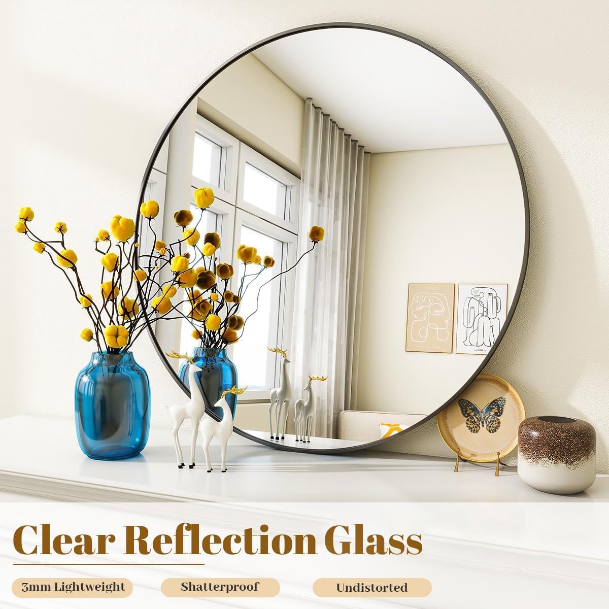 50cm Black Round Mirror : Glass Wall Mirror Circular with Metal Frame