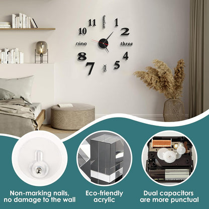 3D Wall Clock DIY Modern Design Large Wall Sticker - 40 cm Diameter