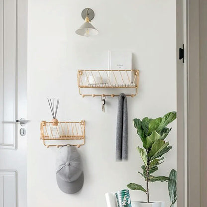 Wall Mounted Iron Storage Rack Shelf with Hooks